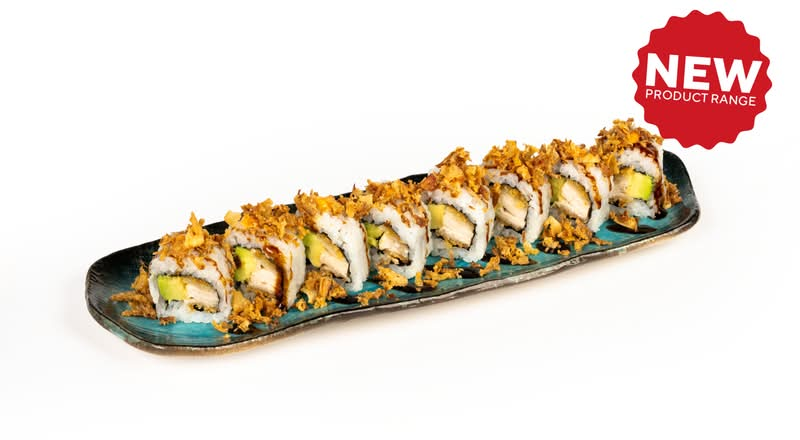 Chicken katsu, avocado and rice in nori, topped with caramelised onions, spicy mayo & sweet-salty unagi sauce.