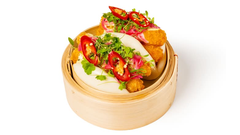 Crispy prawns with pickled cucumber & red onion, spring onion, micro parsley, red chilli & sesame, served with yuzu kosho mayo.