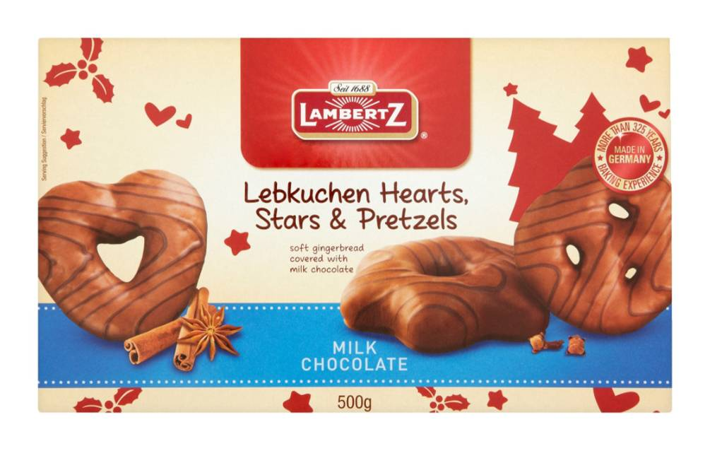 Lambertz Milk Chocolate, Lebkuchen Hearts Stars & Pretzels (500g)